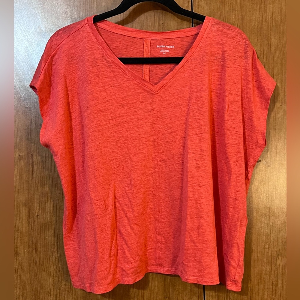 Eileen Fisher Women's Shirt, Short Sleeve Organic Linen Coral Pink Red Size SP